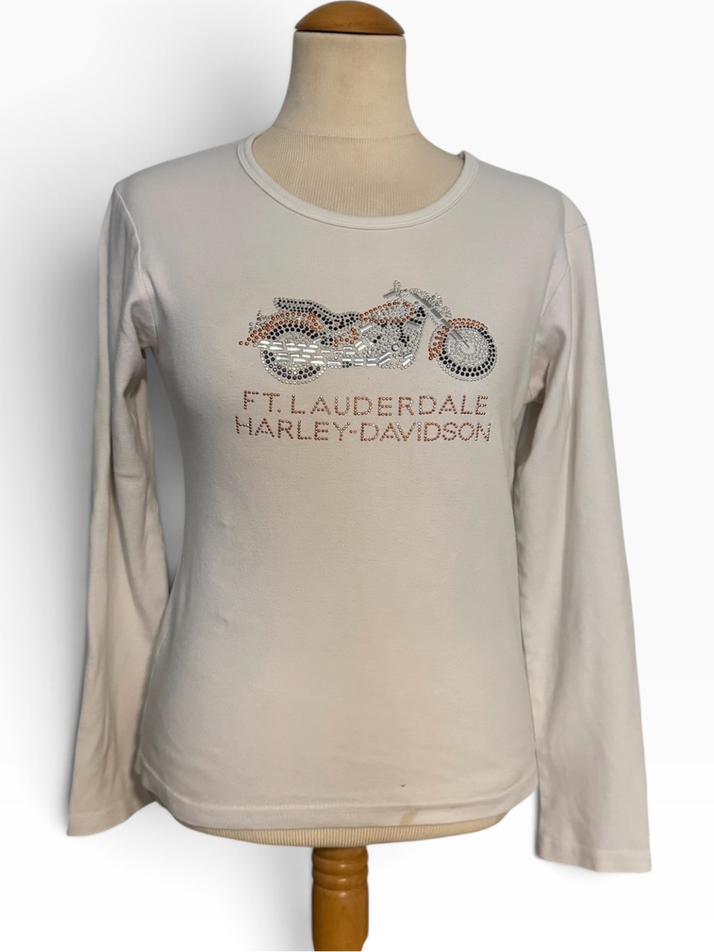 Harley-Davidson Ft Lauderdale Rhinestone Longsleeve Shirt Cream Size M